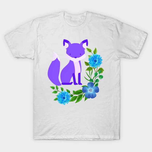 Purple fox with blue flowers T-Shirt by Once Upon a Find Couture 